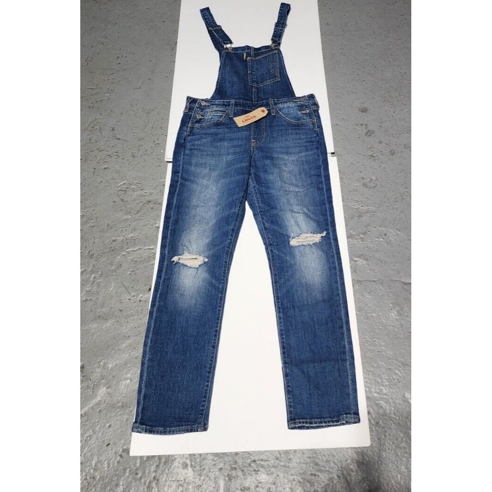 New Womans Levis Heritage Overalls Dungarees Denim Blue Jeans Distress Bib Sz M